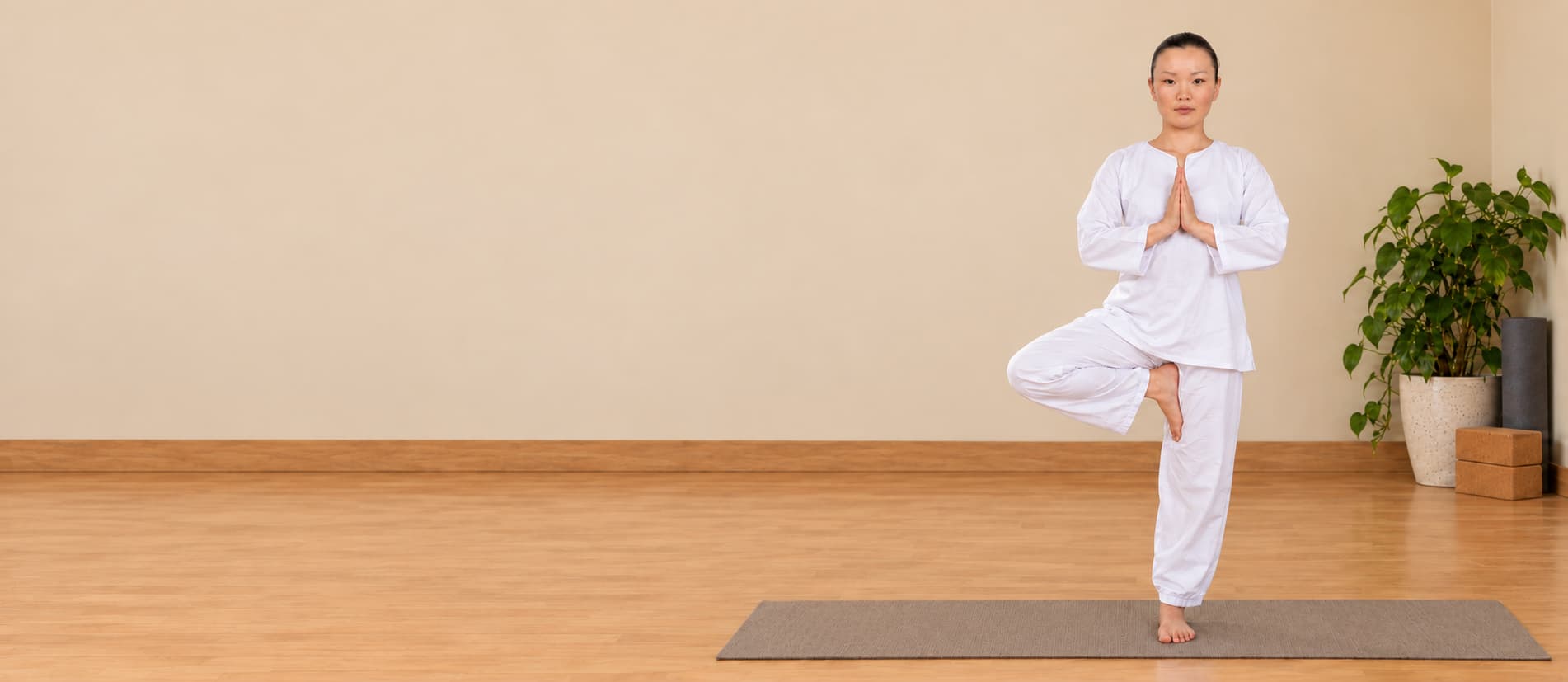 Tree pose in a sunlit yoga room